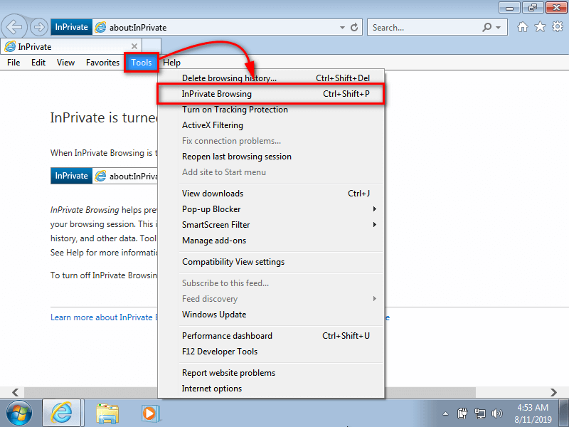 Internet Explorer -- Tools, InPrivate Browsing