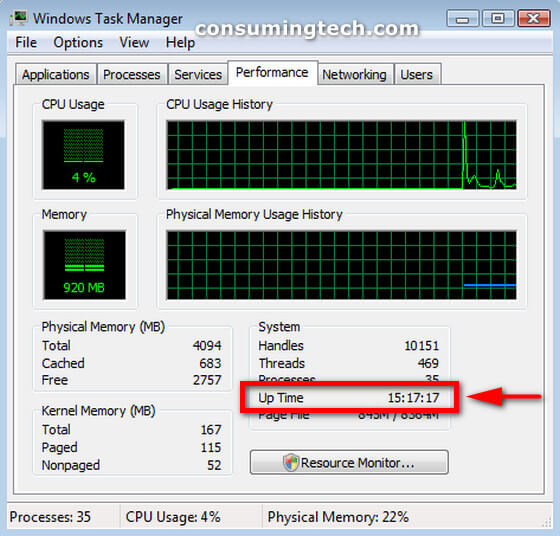 Windows Vista: System uptime via Task Manager