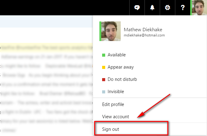 how to sign out of outlook app