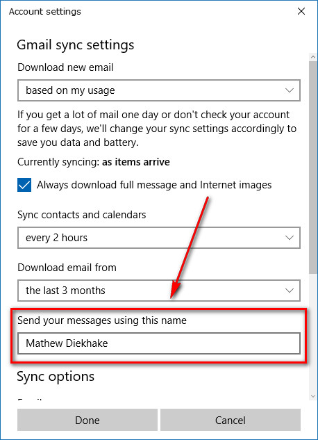 Change Email Name in Windows 10 Mail