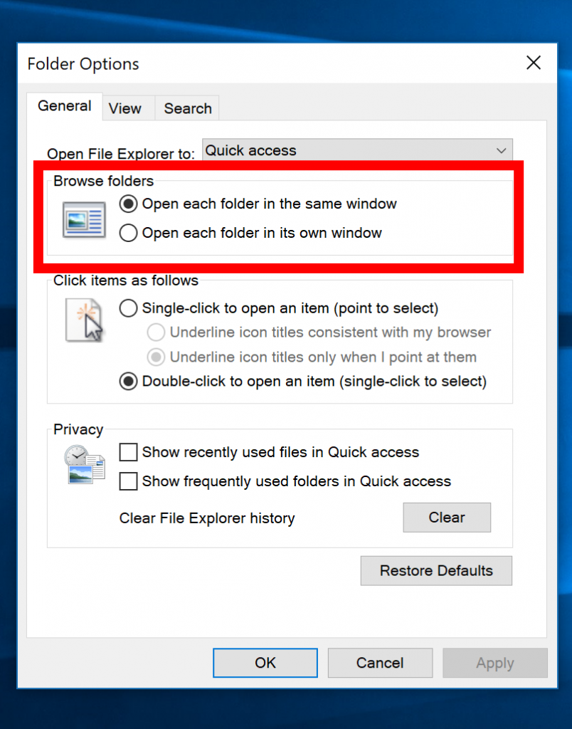 Folder Options: Browser folders
