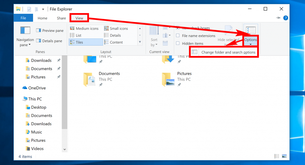 File Explorer: Change folder and search options