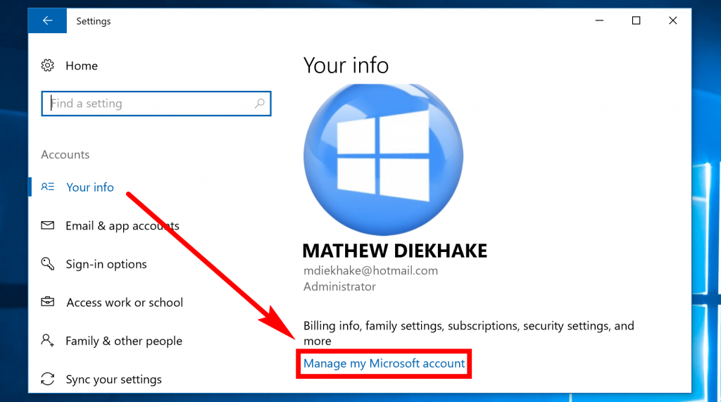 change microsoft account email windows 10