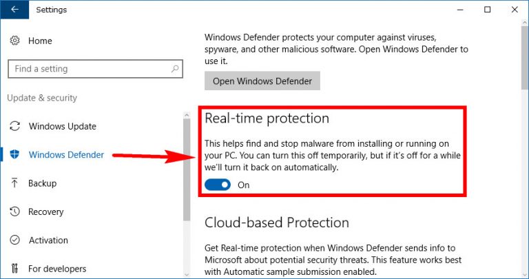 Turn On/Off Windows Defender Real-Time Protection in Windows 10