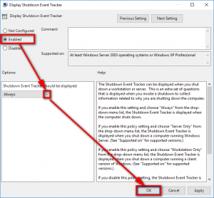 Enable/Disable Shutdown Event Tracker in Windows 10