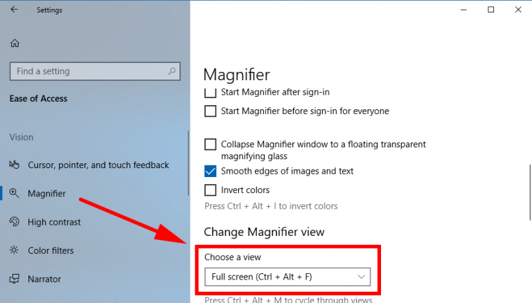 Change Magnifier View in Windows 10