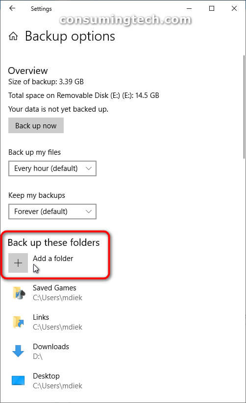 Backup options: Back up these folders