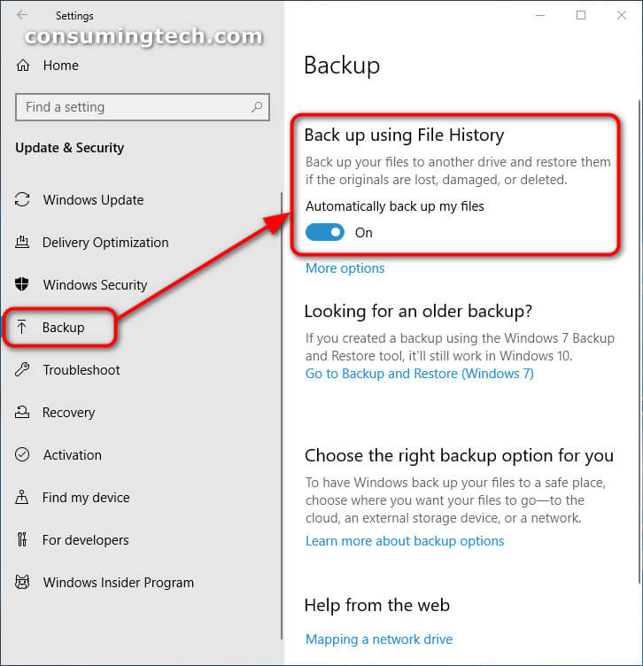 Update and Security: Back up using File History (on)