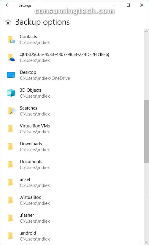 Backup options: Folders