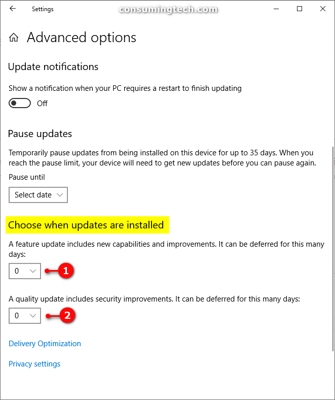 Windows Update: Advanced options