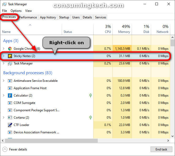 Windows 10 Task Manager: Processes > Sticky Notes app