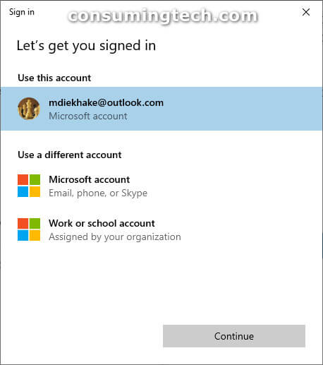 Windows 10 Microsoft account: sign in