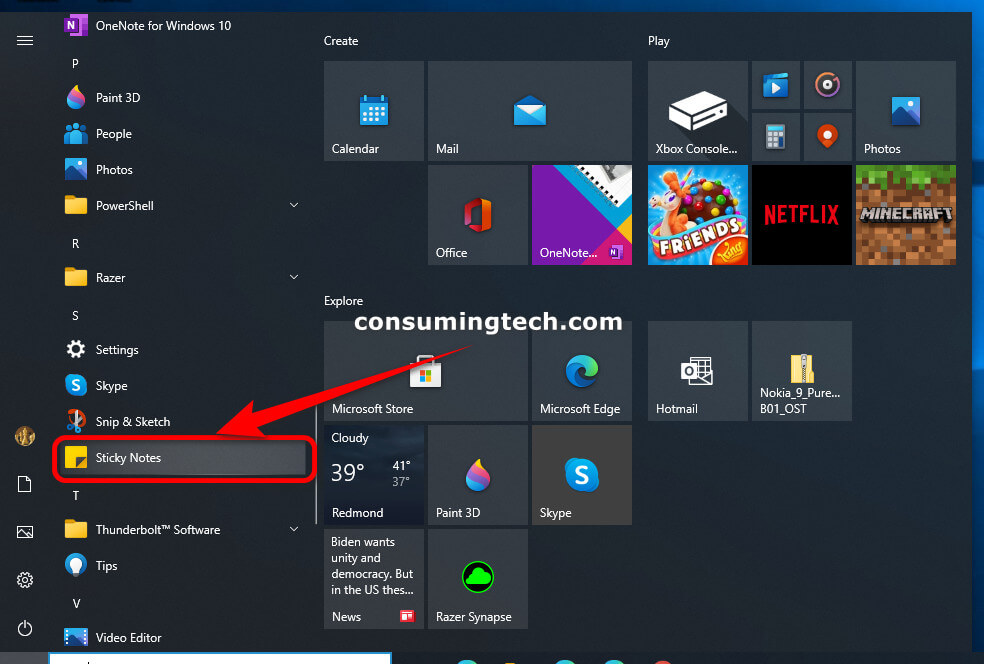 Sticky Notes via list of All Apps in Start menu in Windows 10 