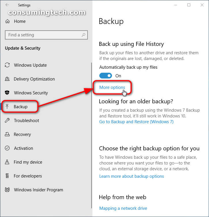 Update and Security: Backup > More options