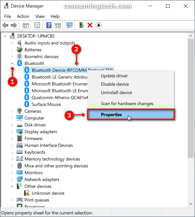 Device Manager: Bluetooth adapter Properties dialog