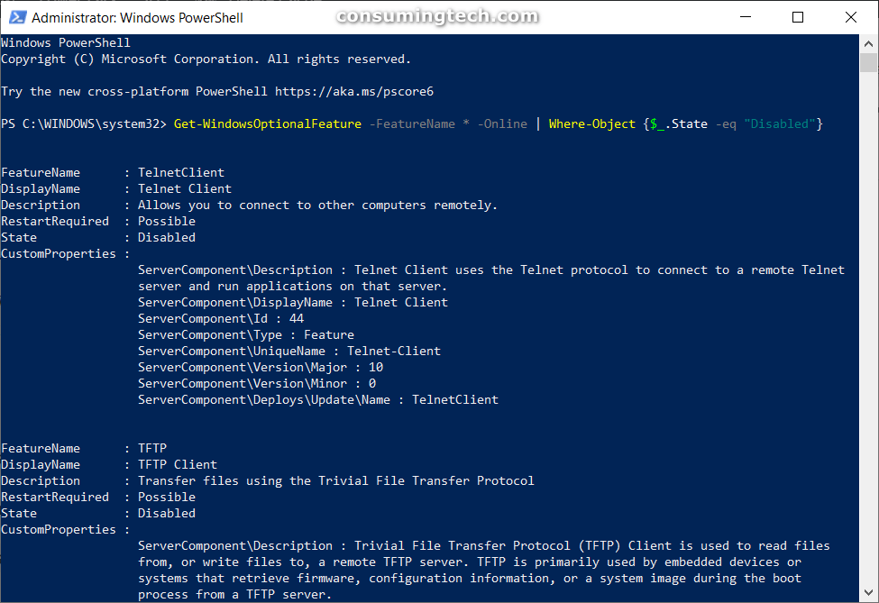Windows PowerShell: Get Windows optional features, disabled