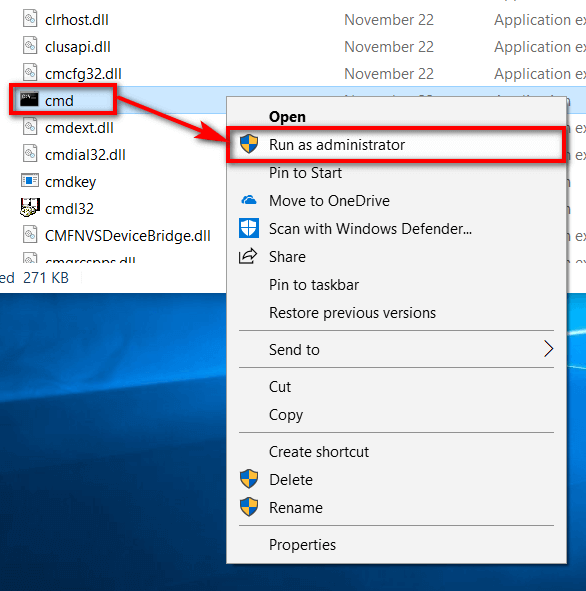 Windows 10: File Explorer > CMD > Run as admin