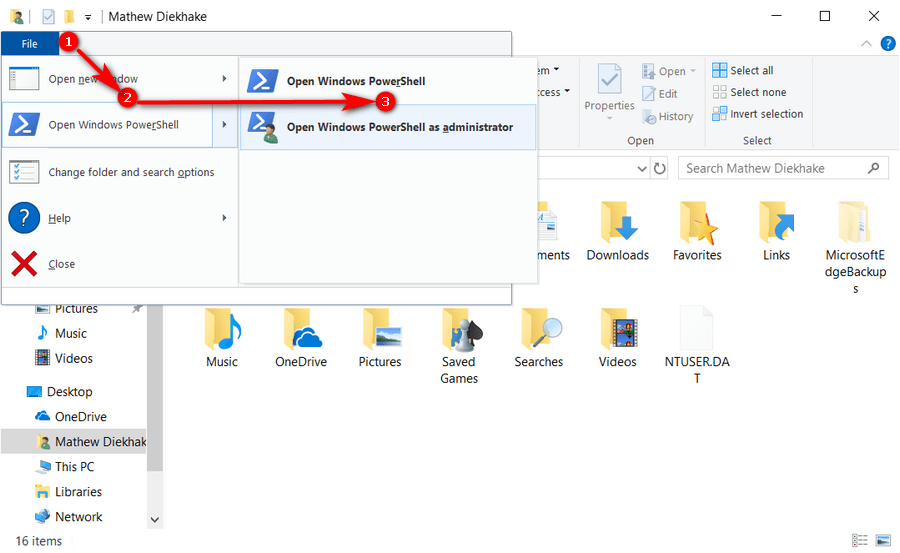 Windows 10: File Explorer > Open Windows PowerShell as admin
