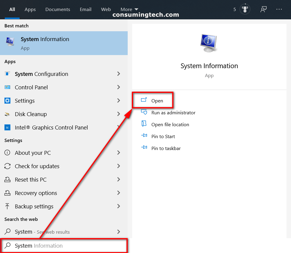 Cortana search: System Information app