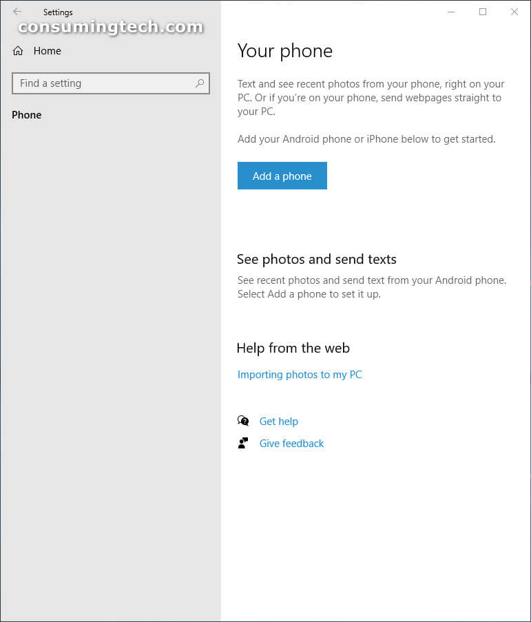 Windows 10 Settings: Phone