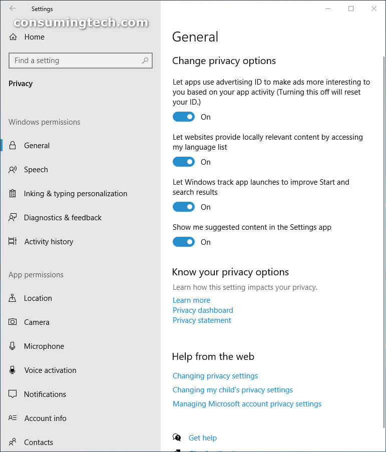 Windows 10 Settings: Privacy