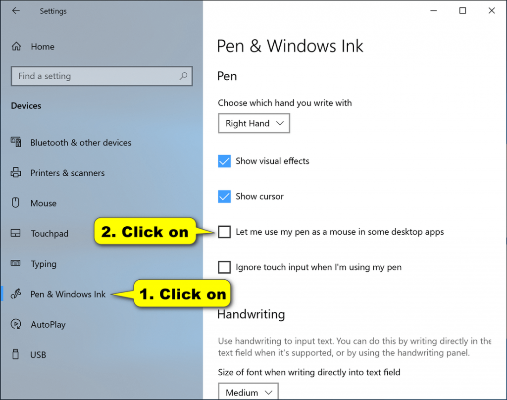 how to make the cursor disappear with pen on windows 10