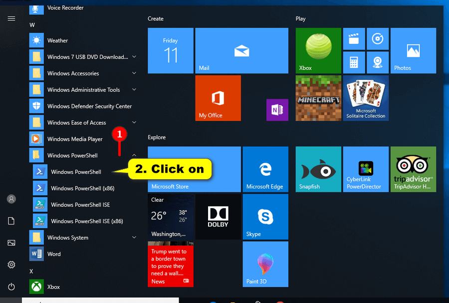 Windows 10 Start menu -- PowerShell