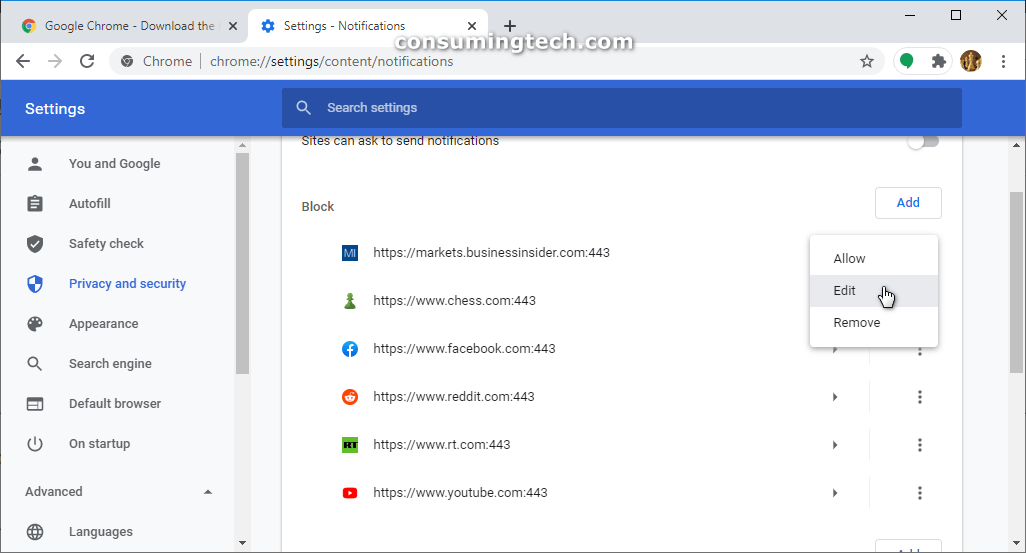 Editing previously blocked notifications in Google Chrome