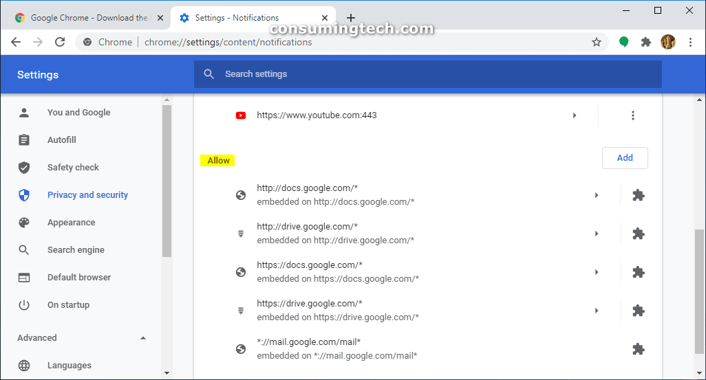 Google Chrome notifications that are allowed