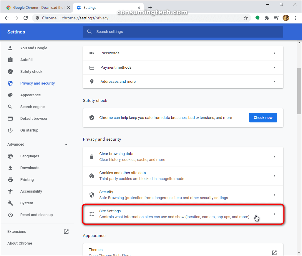 Google Chrome: Site settings