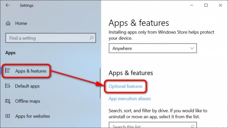 Manage Optional Features in Windows 10