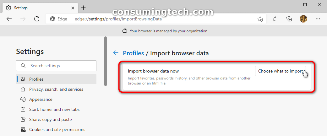 Microsoft Edge 94: Settings > Profiles > Import browser data now > Choose what to import