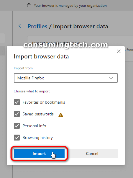 Microsoft Edge 94: Import browser data > Import from Firefox > Import