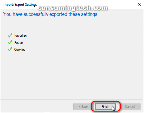 Import/Export Settings dialog: settings successfully exported