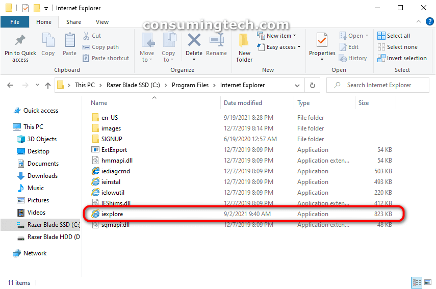 Windows 10 File Explorer: iexplore app