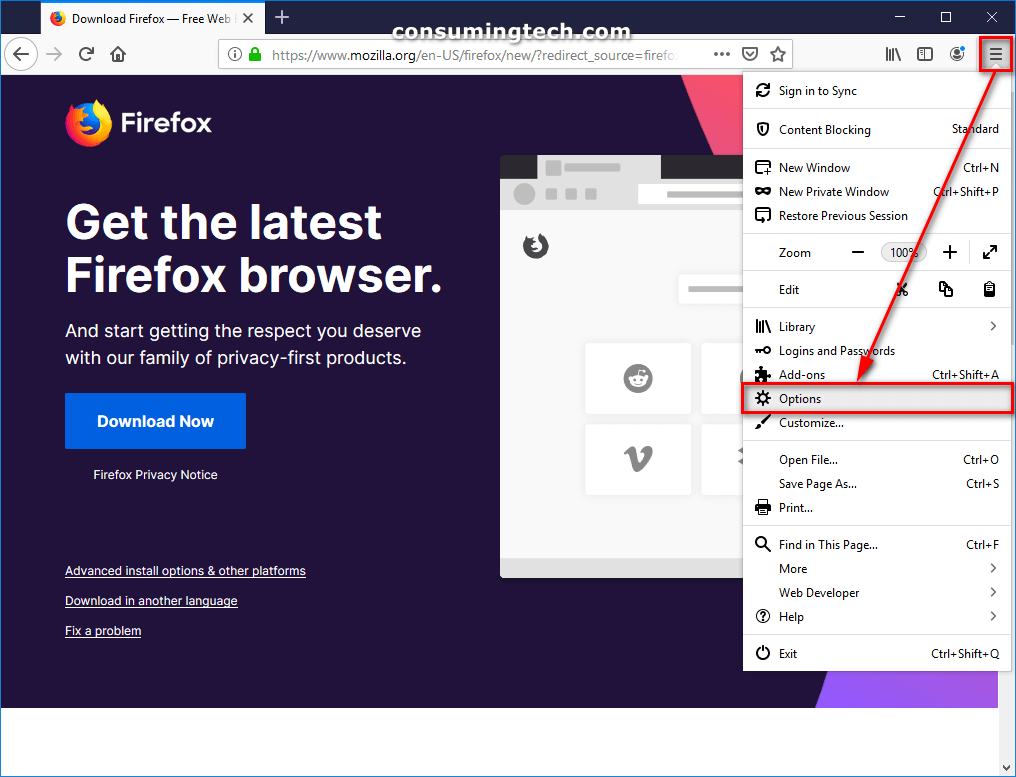 Mozilla Firefox: Settings menu > Options