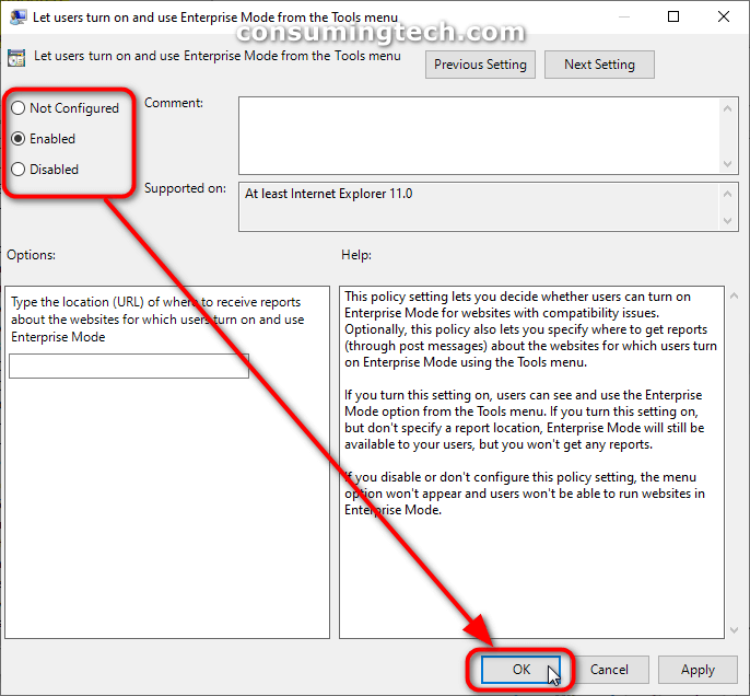 Let users turn on and use Enterprise Mode from the Tools menu policy