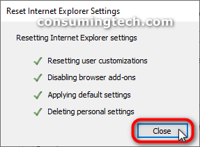 Reset Internet Explorer Settings confirmation box