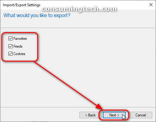 Import/Export Settings dialog: What would you like to export?