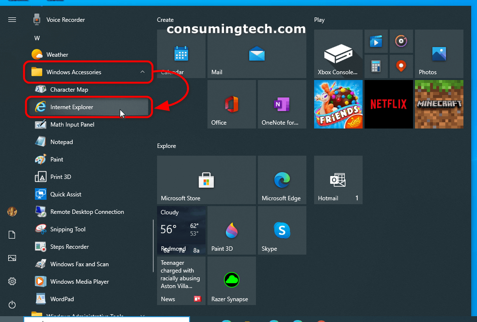 Windows 10 Start menu: Windows Accessories > Internet Explorer