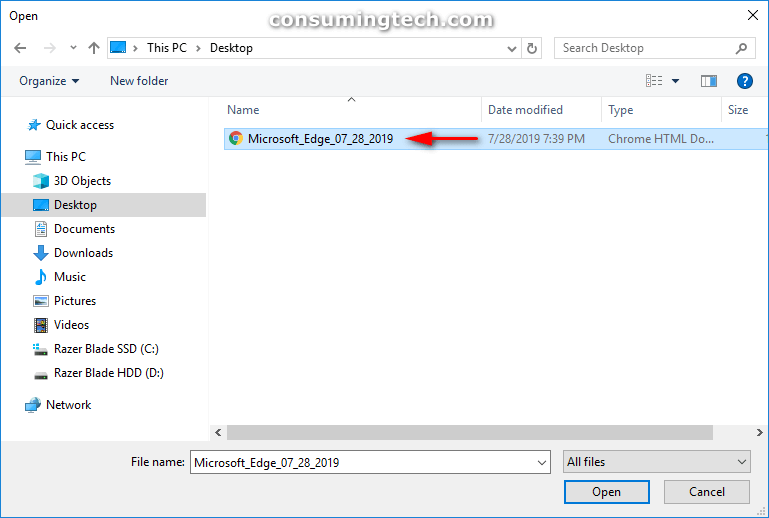 File Explorer -- Microsoft Edge import file