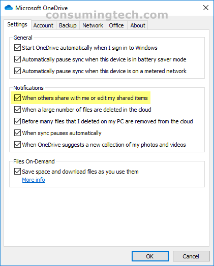 Microsoft OneDrive: Notifications > When others share with me or edit my shared items