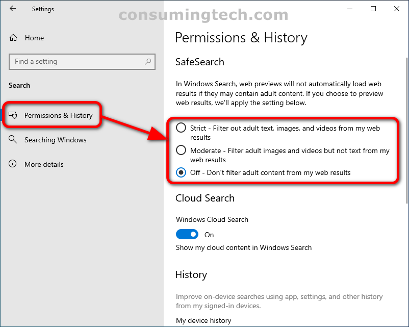 Windows 10: Settings > Permission and History > Safe Search