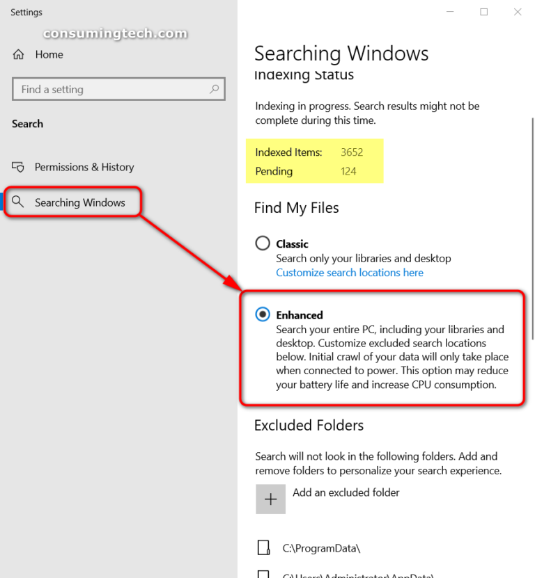 Turn On/Off Enhanced Mode for Search Indexer in Windows 10