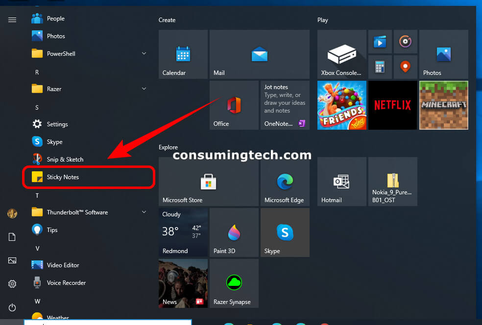 Sticky Notes as found in the list of All Apps via the Windows 10 Start menu 