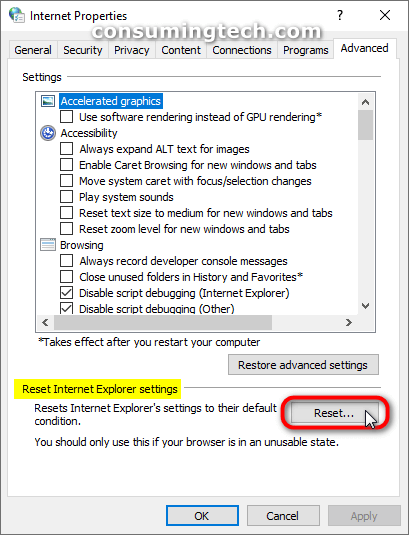 Internet Options dialog box in Windows 10