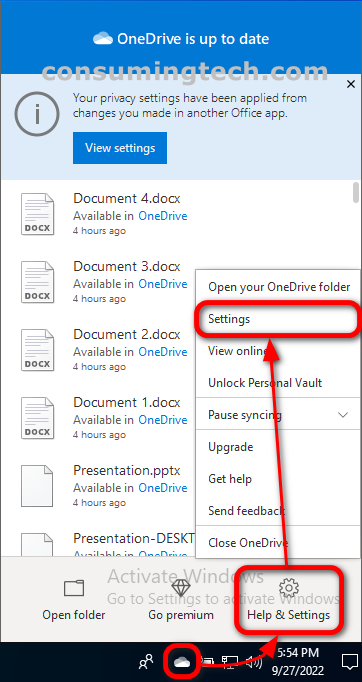 Microsoft OneDrive: Help and Settings > Settings