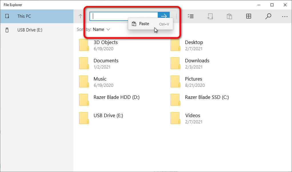 UWP File Explorer: Context menu attached to the search field 