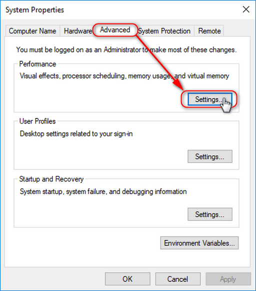 system properties dialog - advanced tab, settings button