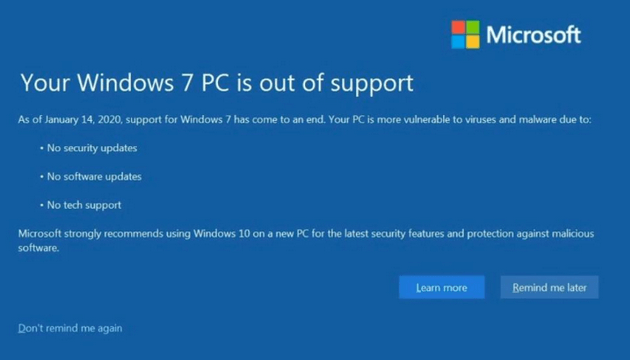 Windows 7 PC out of support notification 